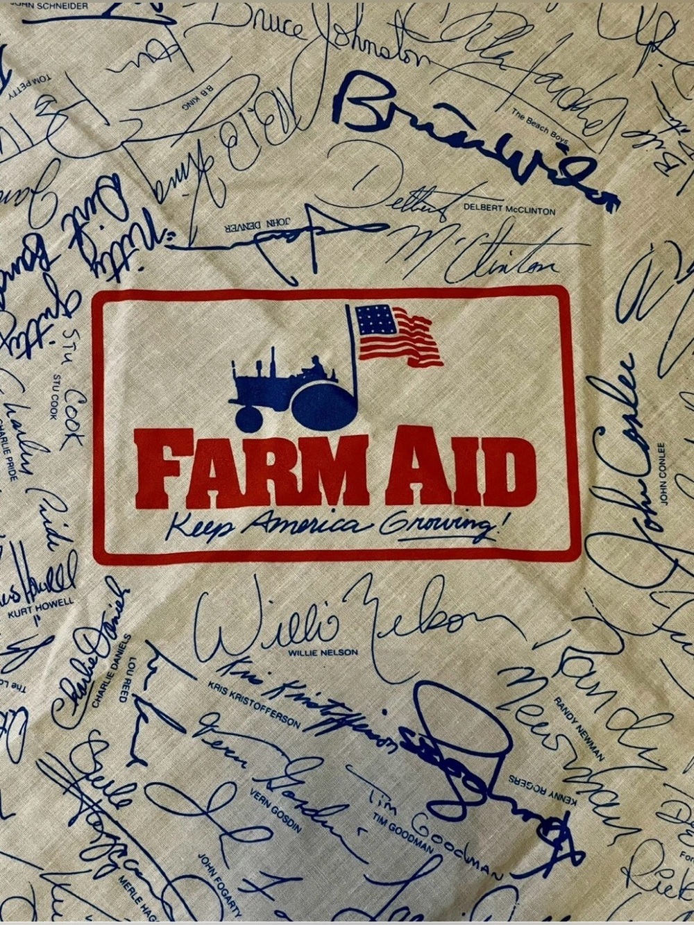 Vintage Country Music Concert Farm Aid Signed Handkerchief Printed Signatures